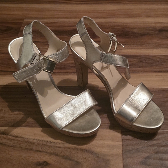 Nine West Shoes - Nine West Elenny Gold Leather Cork Heel Platform Saldal Size 10, Euc
